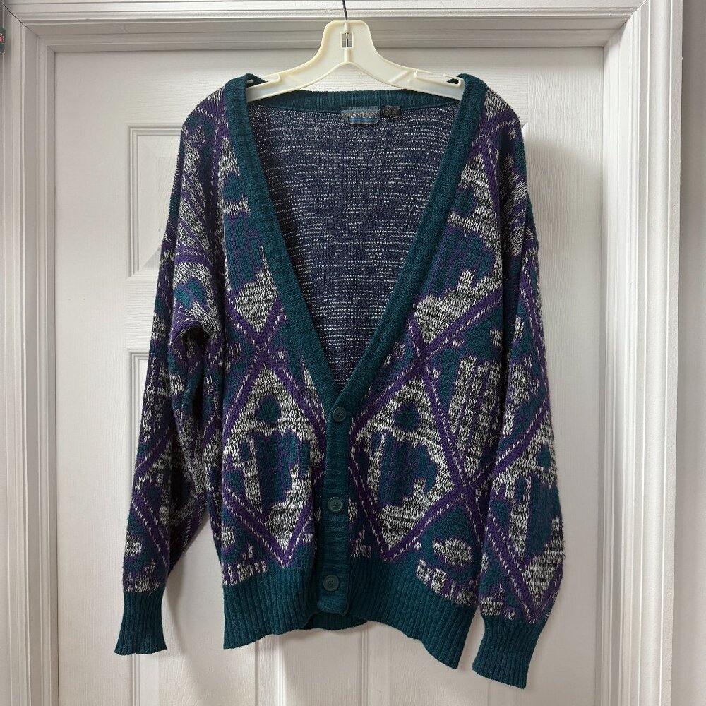 Vintage Playboy Multicolor Patterned Acrylic v-neck cardigan sweater size Large